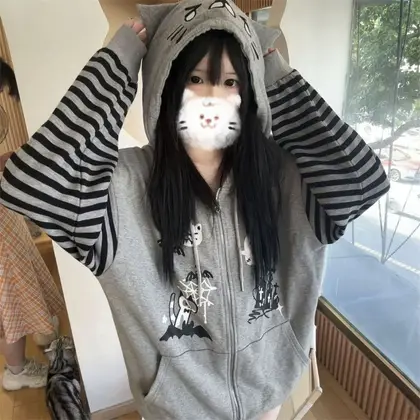 Cat Ear Hooded Sweatshirts Jackets Women Clothing Y2k Tops Patchwork Striped Anime Hoodie Ropa Mujer Casual Fashion Hoodies Coat