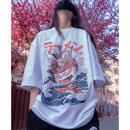 Oversize Printed Tshirt Ramen Wave Japanese Street Fashion Unisex Tshirt
