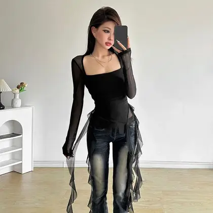 Sweet Streetwear Jellyfish Mesh Belt T-Shirt Elf Long Sleeve Pleated Collar Slim Fit Crop Tops Y2K Transparent Ruffle Long Sleeve Tops Spring Summer