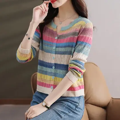 Long Sleeved Knitted Button Cardigan Women Autumn Design Rainbow Fashion Top New Korean Style Slim Short Top Stripe Trend
