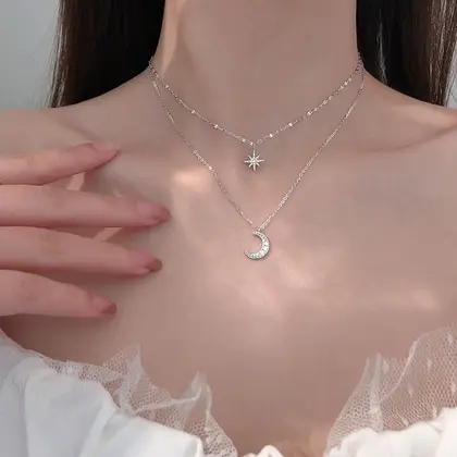 【Mega Sale】Korean Style Ins silver Flash Star Moon Double Necklace Women's Clavicle Chain Design Light Luxury New Style