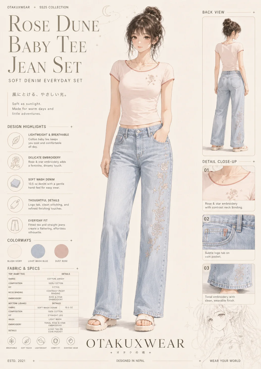 Rose Dune Baby Tee Jean Set coming soon OtakuXWear drop
